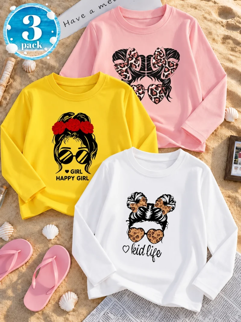Pack of 3 Happy Girl Life Printed Long Sleeve T-shirts for Girls
