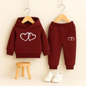 Double Heart Printed Maroon Hooded Tracksuit for Girls