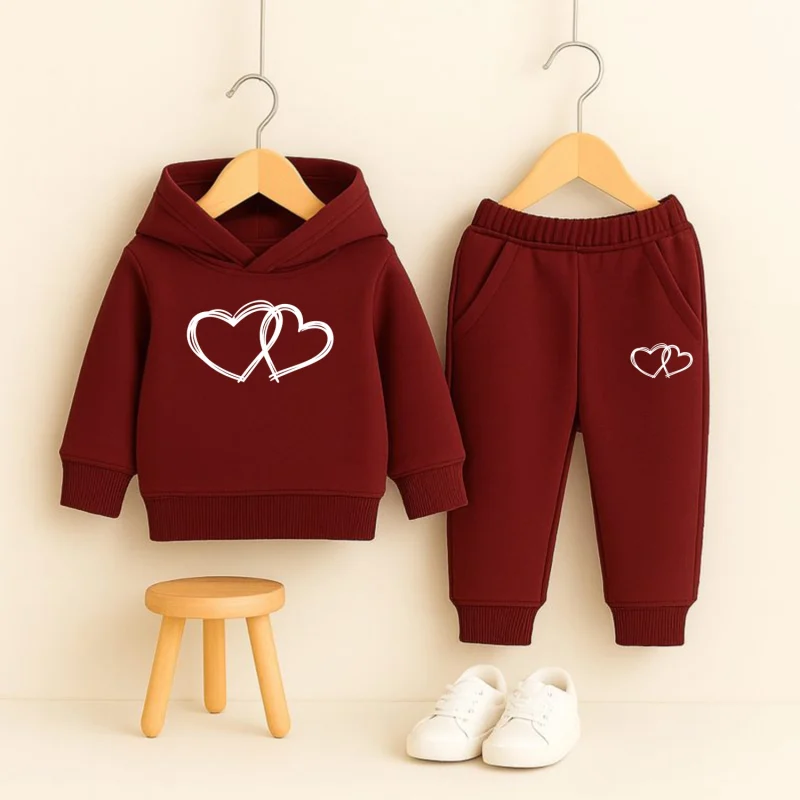 Double Heart Printed Maroon Hooded Tracksuit for Girls
