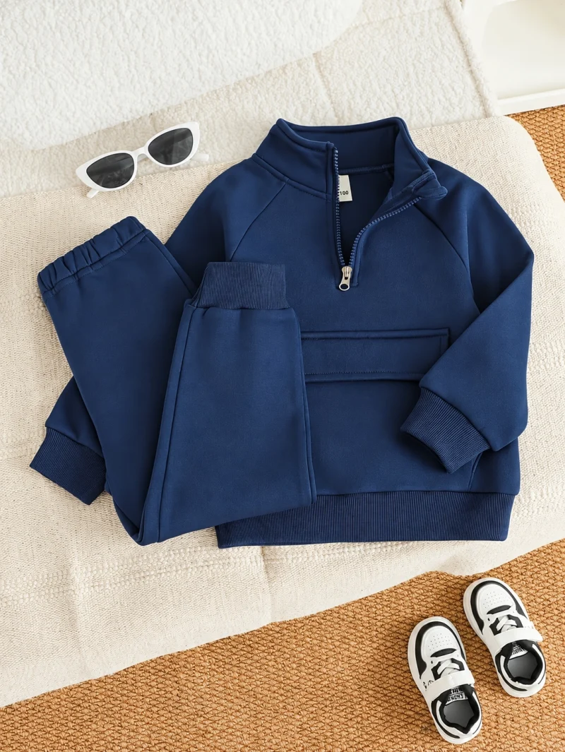Navy Blue Half-Zip Tracksuit Set For Young Kids