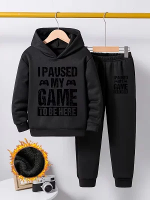 Paused Game Printed Charcoal Hooded Tracksuit For Tween Kids