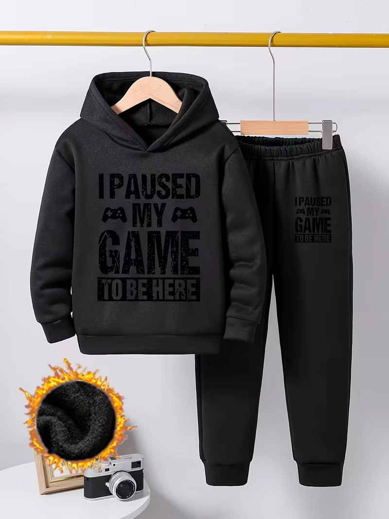 Paused Game Printed Charcoal Hooded Tracksuit For Tween Kids