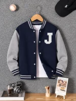 Bold J Printed Navy & Grey Varsity Jacket for Tween Kids