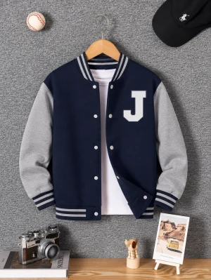 Bold J Printed Navy & Grey Varsity Jacket for Tween Kids