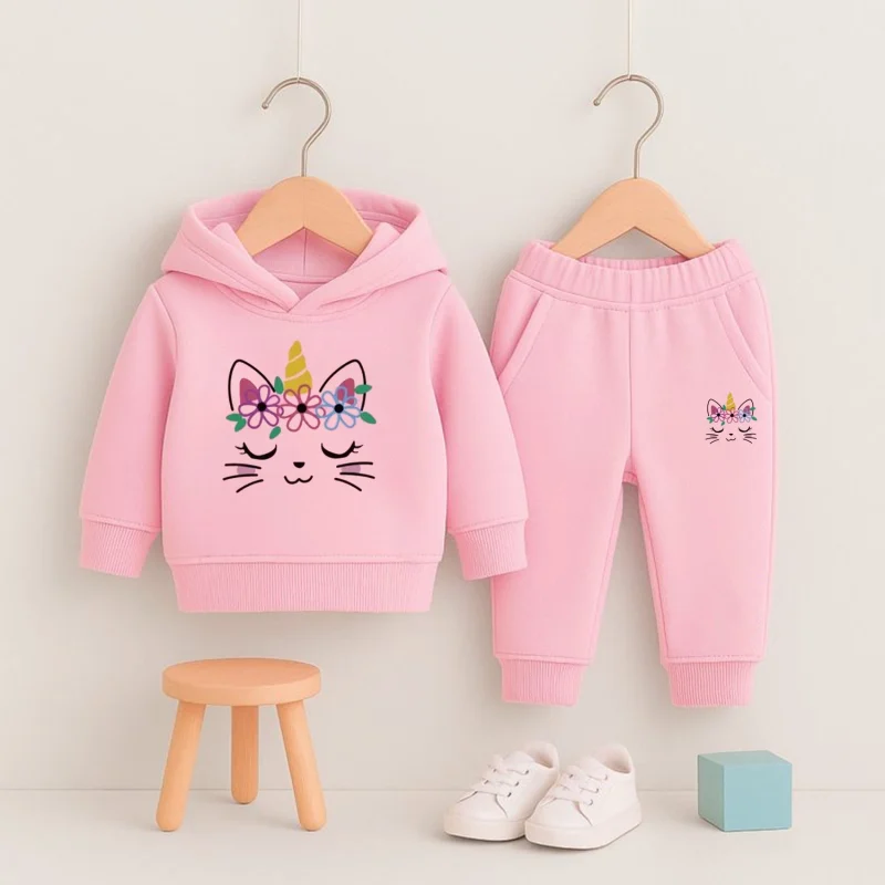 Cute Unicorn Kitty Printed Pink Hooded Tracksuit for Girls