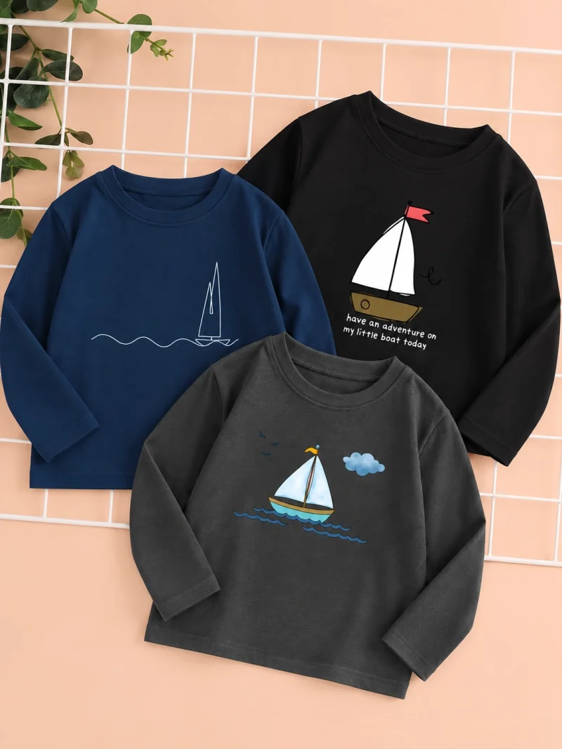 Pack of 3 Little Boat Adventure Long Sleeve T-Shirts for Young Kids