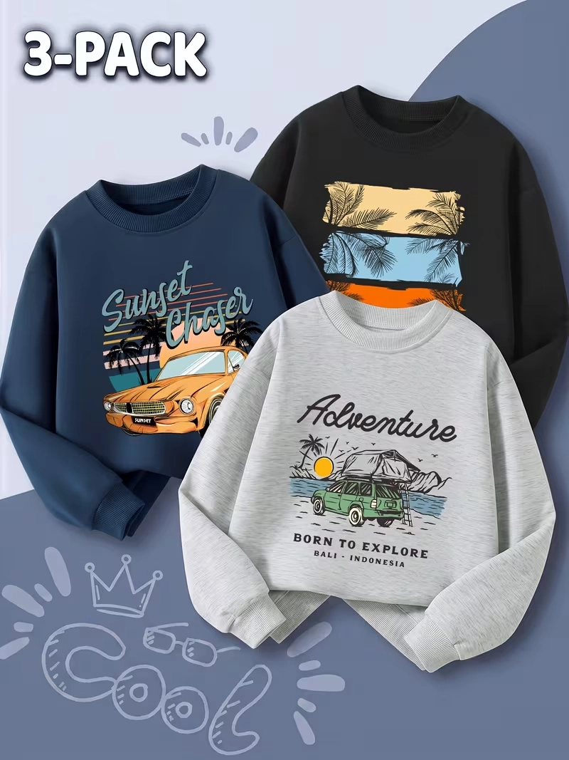 Pack of 3 Explore Sunset Adventure Printed Sweatshirts for Young Kids