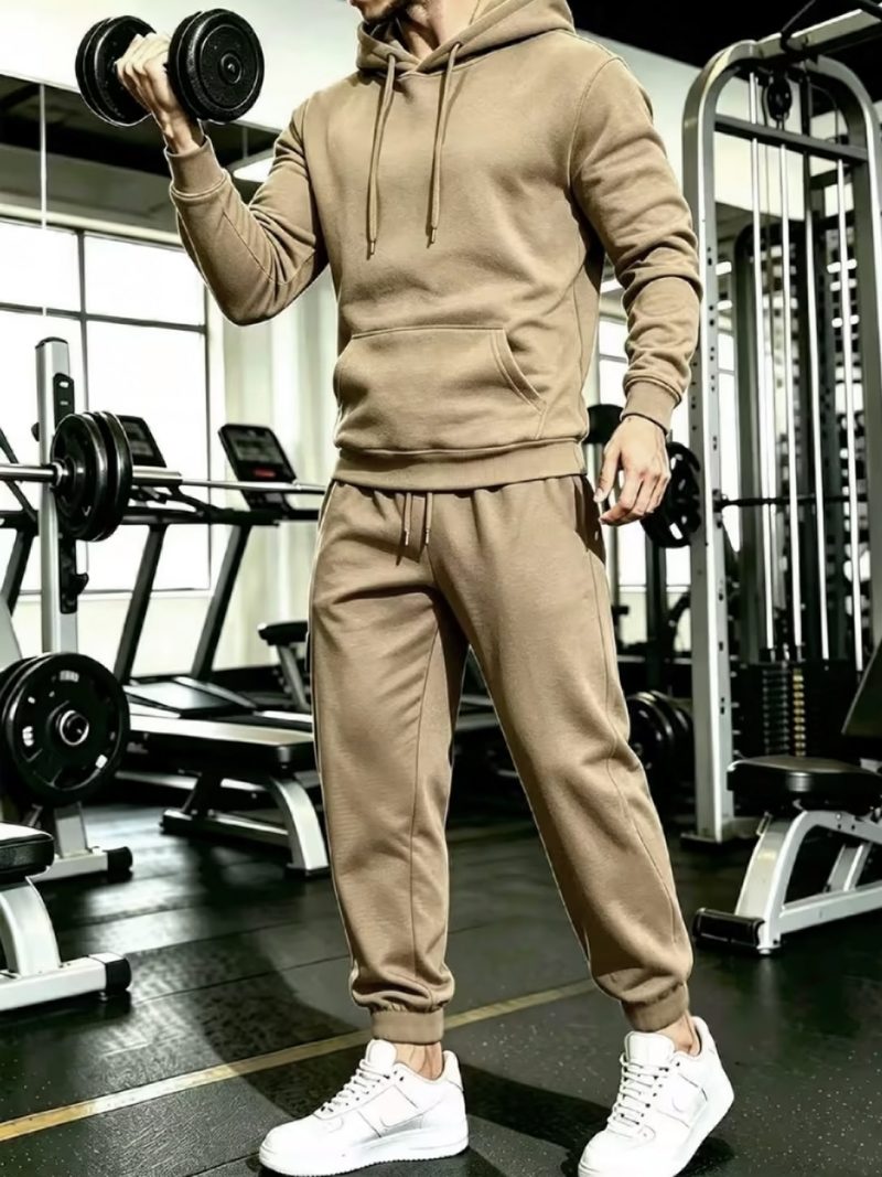 Basic Beige Winter Casual Hooded Tracksuit for Men