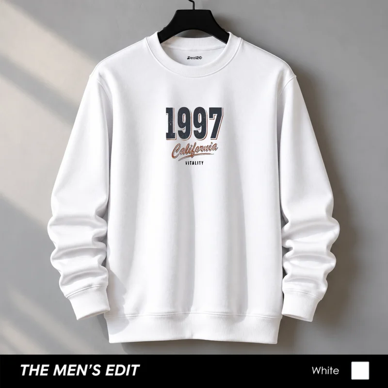 California Printed Cotton Fleece White Sweatshirt for Men