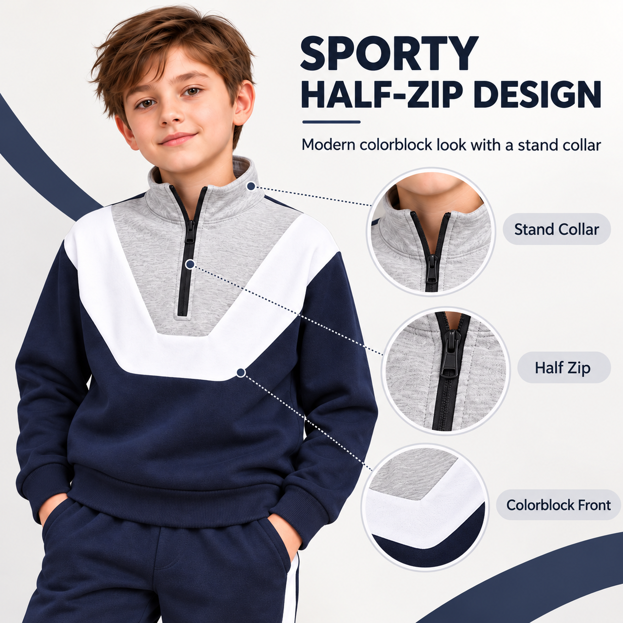 Sporty half-zip design features