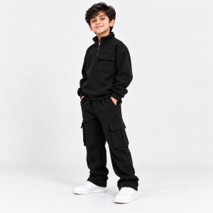 Kids Black Half-Zip Cargo Tracksuit angled view