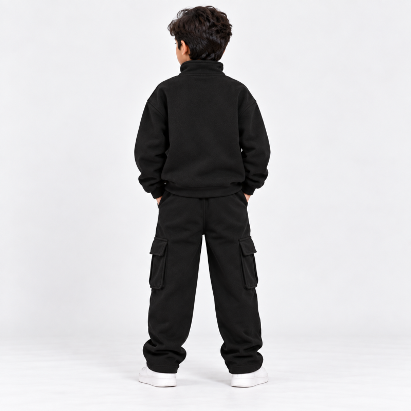 Kids Black Half-Zip Cargo Tracksuit back view