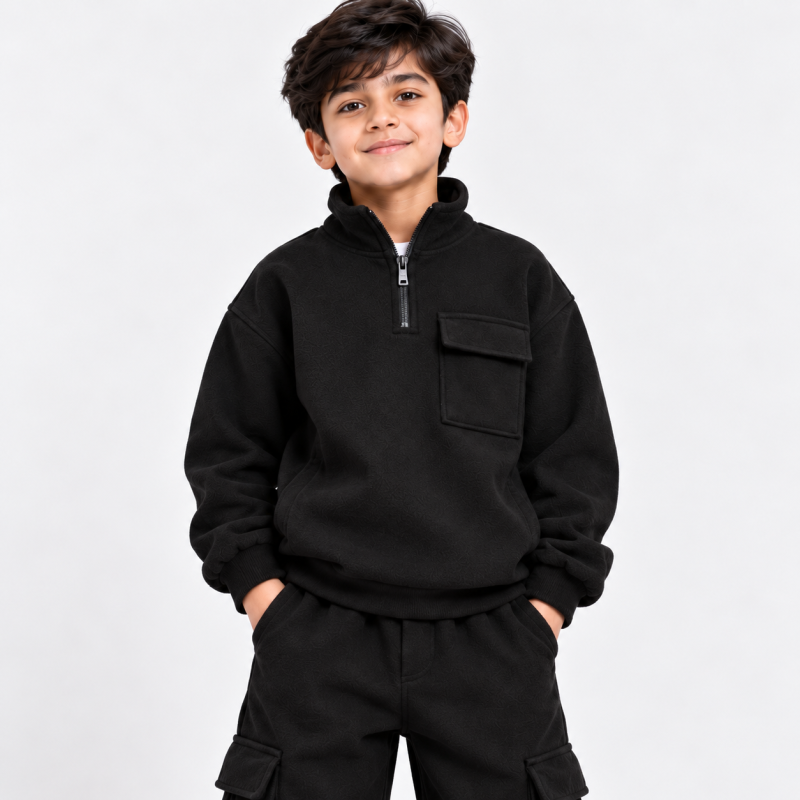 Kids Black Half-Zip Cargo Tracksuit detail view
