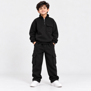 Kids Black Half-Zip Cargo Tracksuit