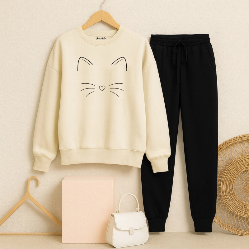 Kitty Face Printed Tracksuit Set – Sweatshirt & Joggers for Women