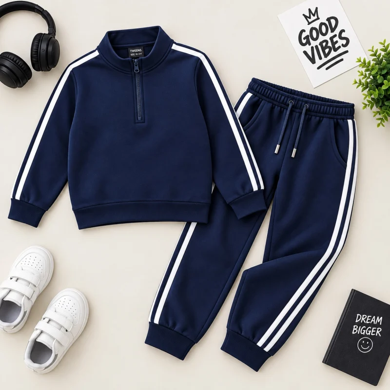Navy Blue Side-Stripe Tracksuit Set For Kids