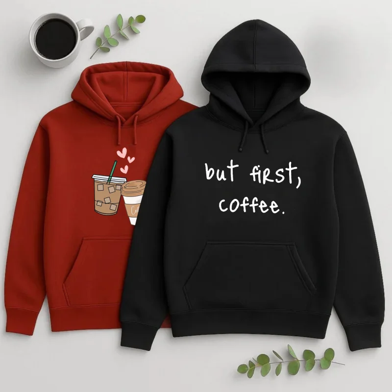 Pack of 2 Heart & Coffee Printed Hoodies for Women
