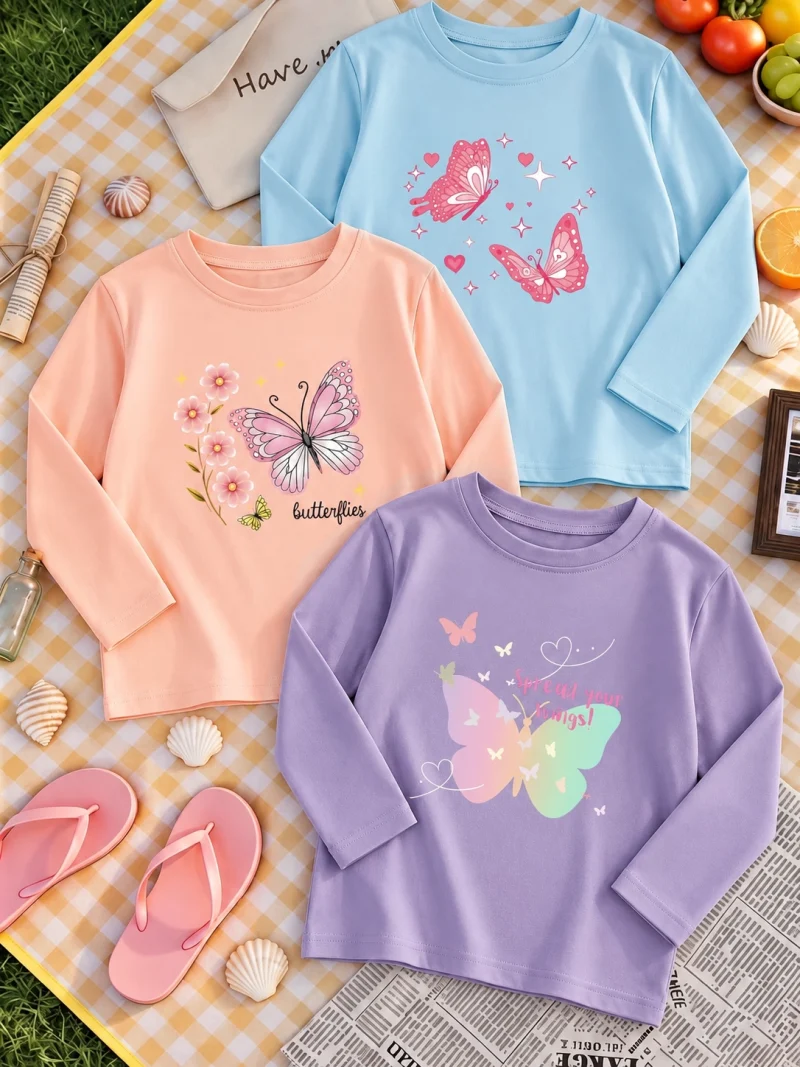 Pack of 3 Butterfly Sparkle Printed Long Sleeve T-shirts for Girls