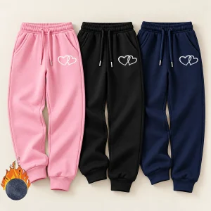 Pack of 3 Twin Hearts Printed Fleece Sweatpants for Girls