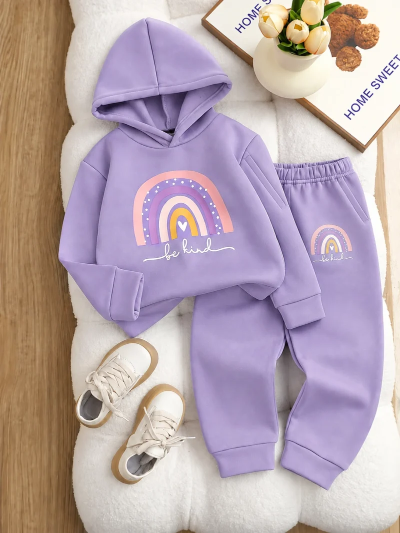 Be Kind Rainbow Printed Purple Hooded Tracksuit for Girls