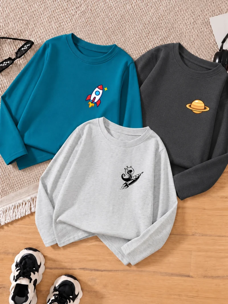 Pack of 3 Space Planet Adventure Long Sleeve T-Shirts for Young Kids
