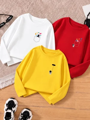 Pack of 3 Astronaut Pocket Space Long Sleeve T-Shirts for Young Kids