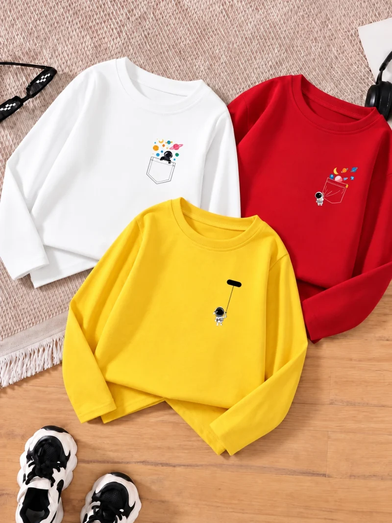 Pack of 3 Astronaut Pocket Space Long Sleeve T-Shirts for Young Kids