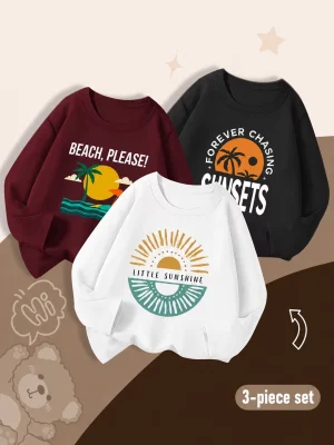 Pack of 3 Forever Chasing Sunsets Printed Long Sleeve T-Shirts For Tween Kids