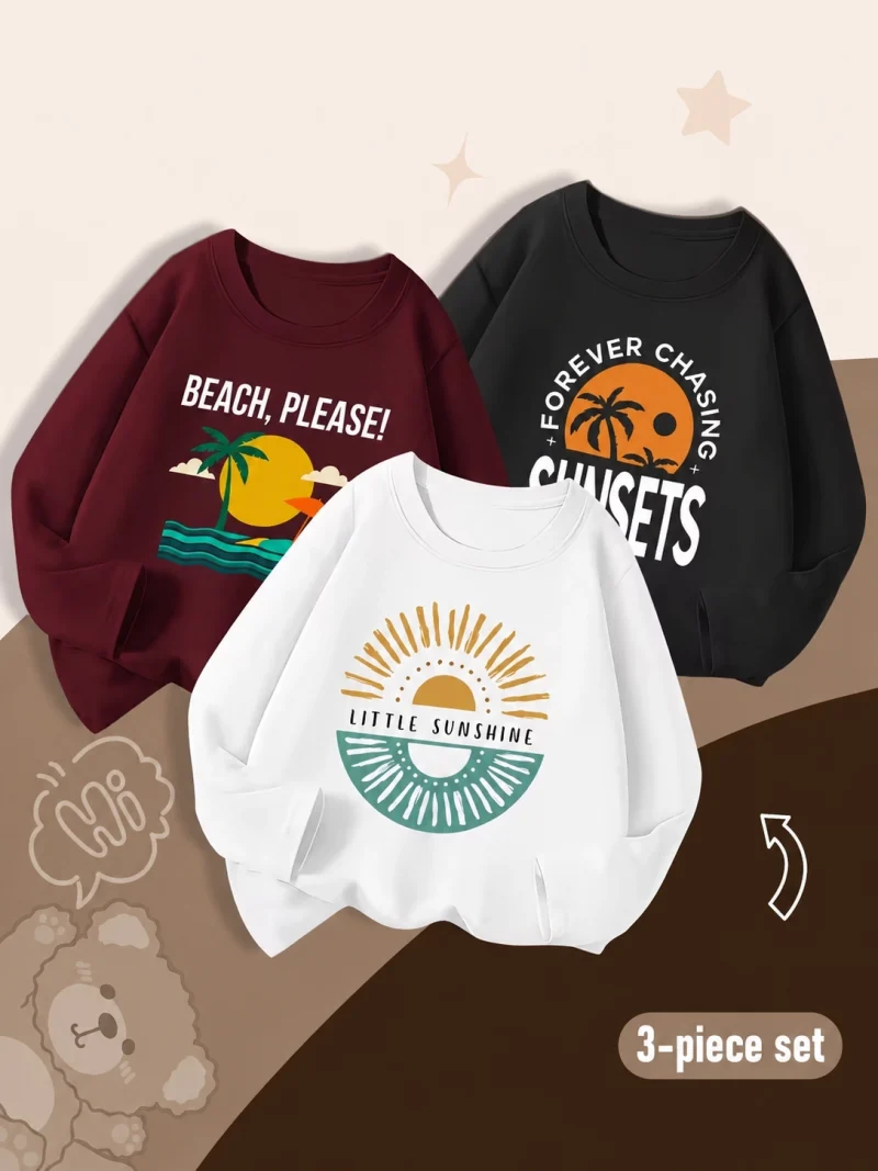 Pack of 3 Forever Chasing Sunsets Printed Long Sleeve T-Shirts For Tween Kids
