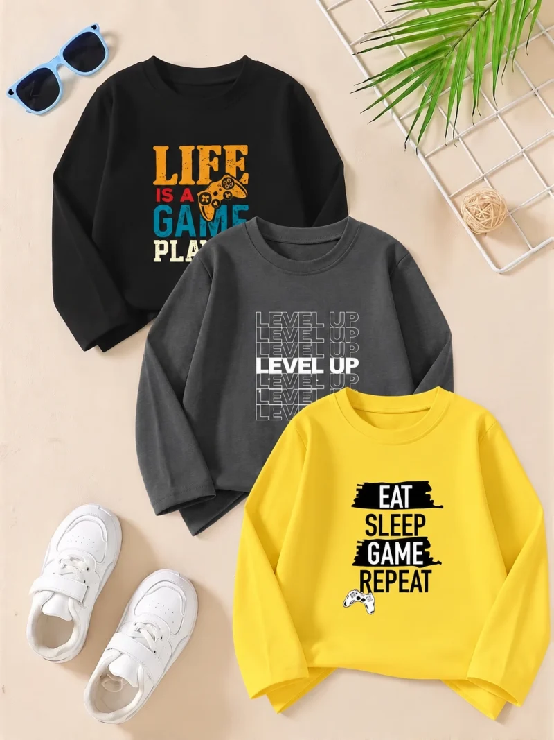 Pack of 3 Life Is A Game Play Printed Long Sleeve T-Shirts For Tween Kids