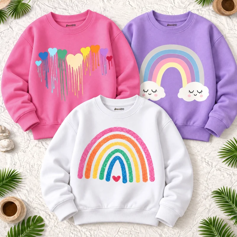 Pack of 3 Glittery Rainbow Printed Fleece Sweatshirts for Girls