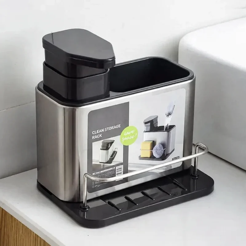 3 in1 Kitchen Soap Dispenser Sponge and Spoon Holder - Stainless Steel