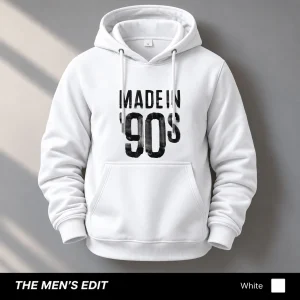 Made 90 Printed White Cotton Fleece Hoodie for Men