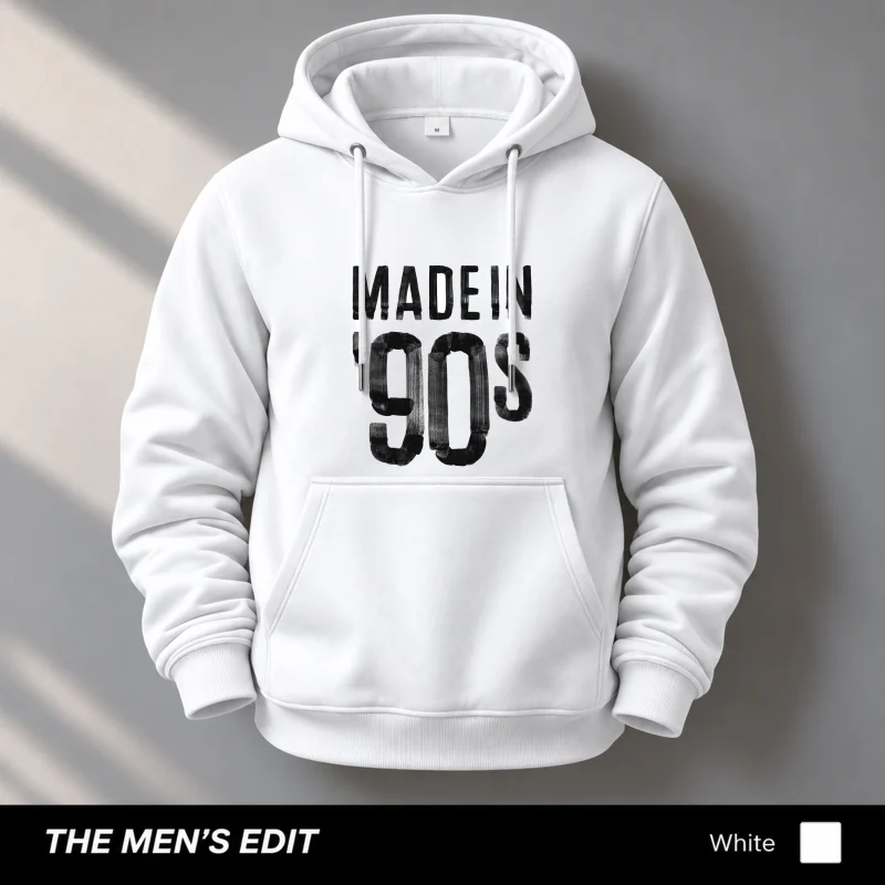 Made 90 Printed White Cotton Fleece Hoodie for Men