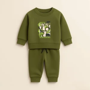 Army Green Explore Printed Sweatshirt Tracksuit for Young Kids