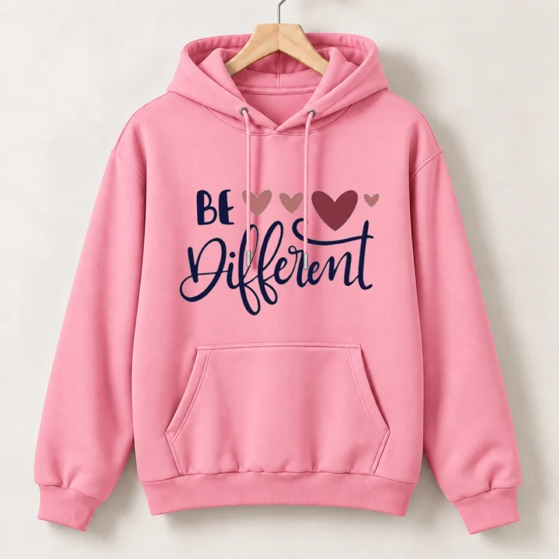 Be Different Printed Pink Cotton Fleece Hoodie for Women
