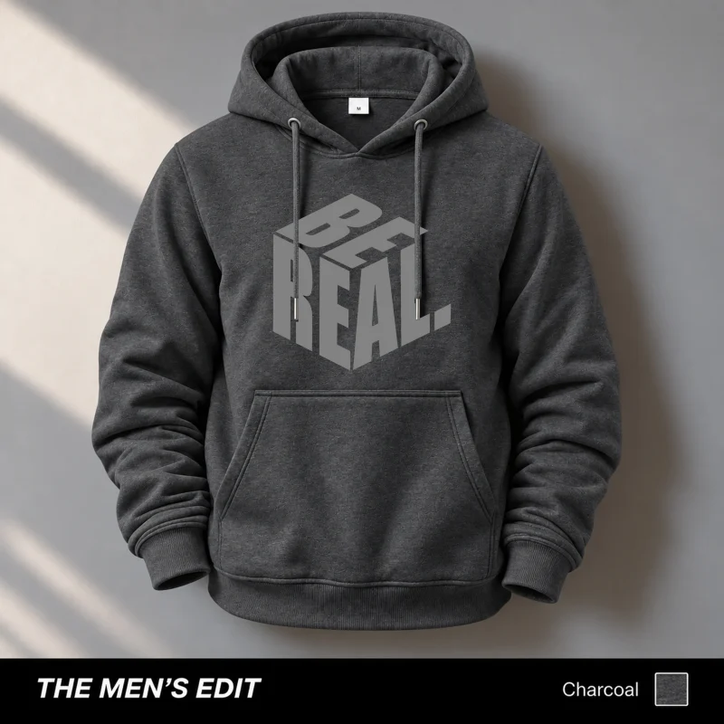Be Real Printed Cotton Fleece Charcoal Hoodie for Men
