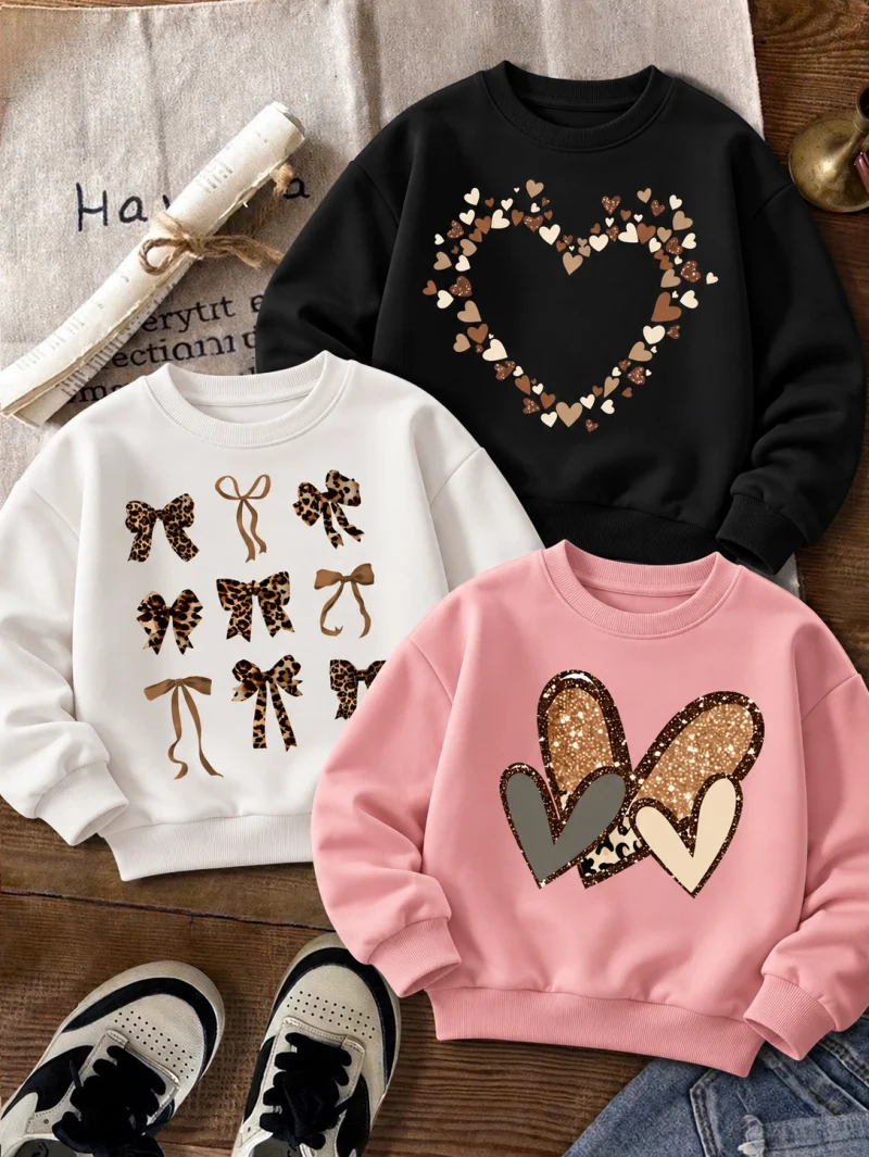 Pack of 3 Coquette Bow Hearts Printed Fleece Sweatshirts for Girls