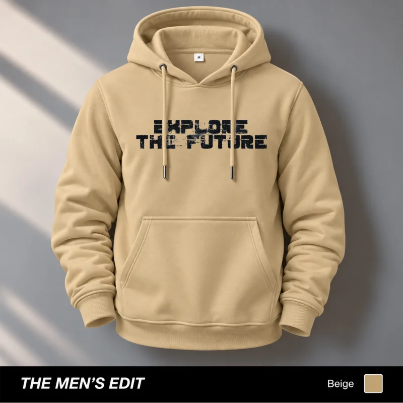 Explore Future Printed Cotton Fleece Beige Hoodie for Men