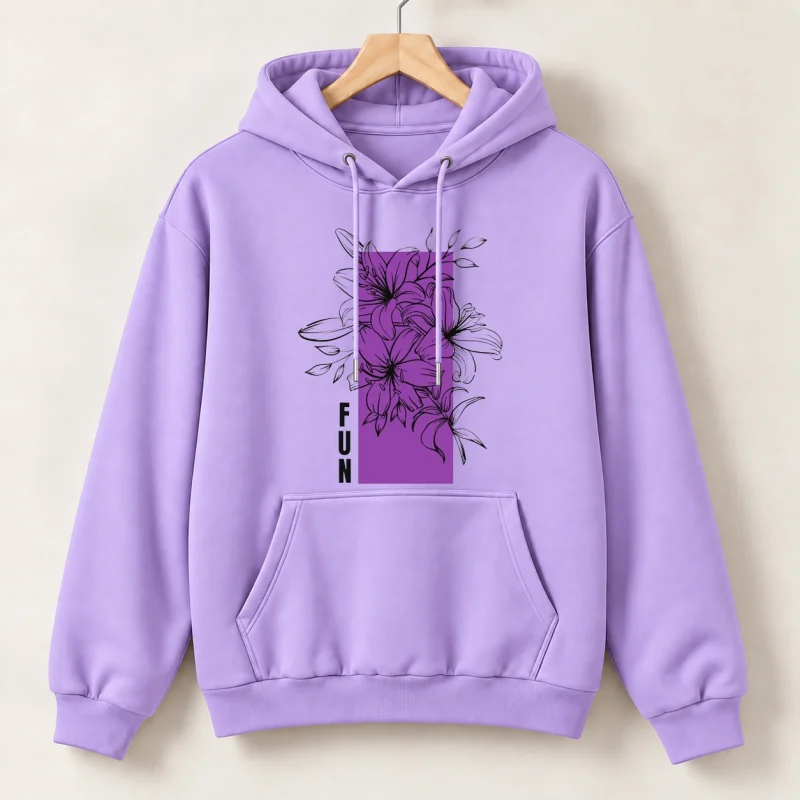 Flower Fun Printed Purple Cotton Fleece Hoodie for Women