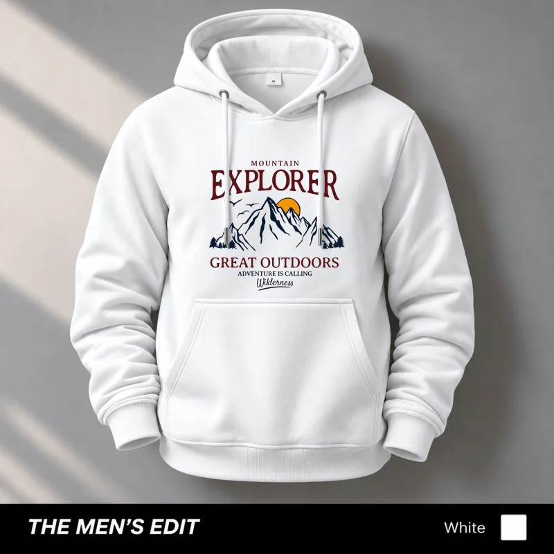 Great Explorer Printed Cotton Fleece White Hoodie for Men