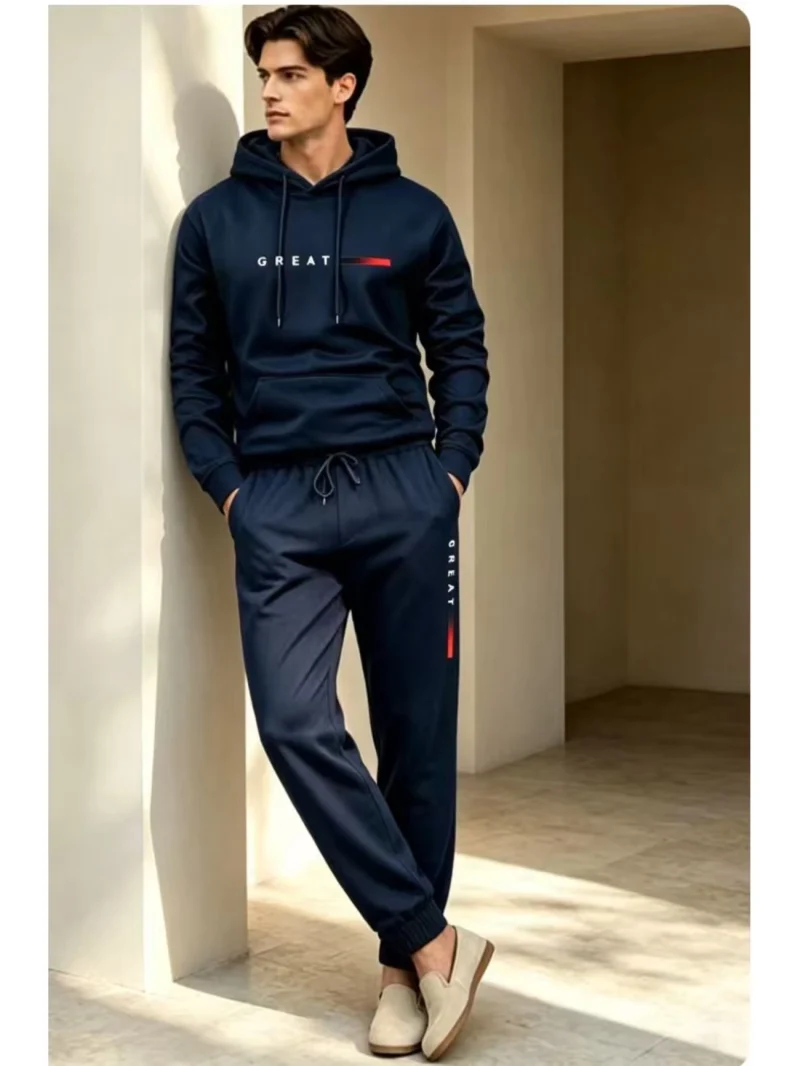 Great Printed Navy Blue Hooded Tracksuit for Men
