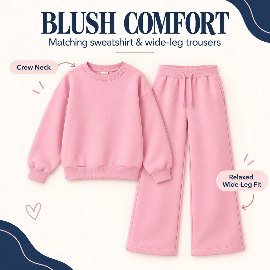 Blush Comfort Wide‑Leg Tracksuit for Girls — complete two-piece set