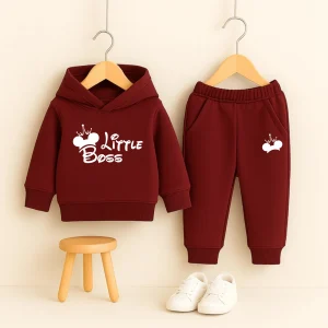 Maroon little Boss Printed Hooded Tracksuit for Young Kids