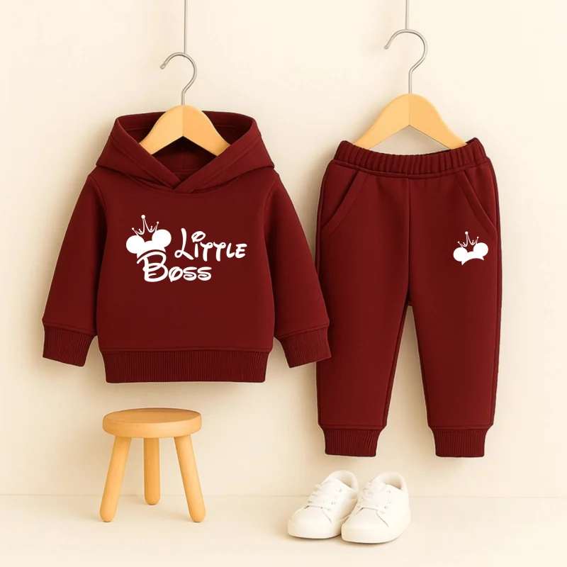 Maroon little Boss Printed Hooded Tracksuit for Young Kids