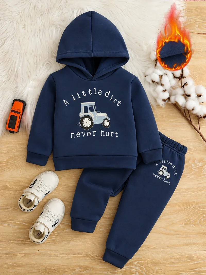 Navy Blue Little Dirt Printed Hooded Tracksuit for Young Kids