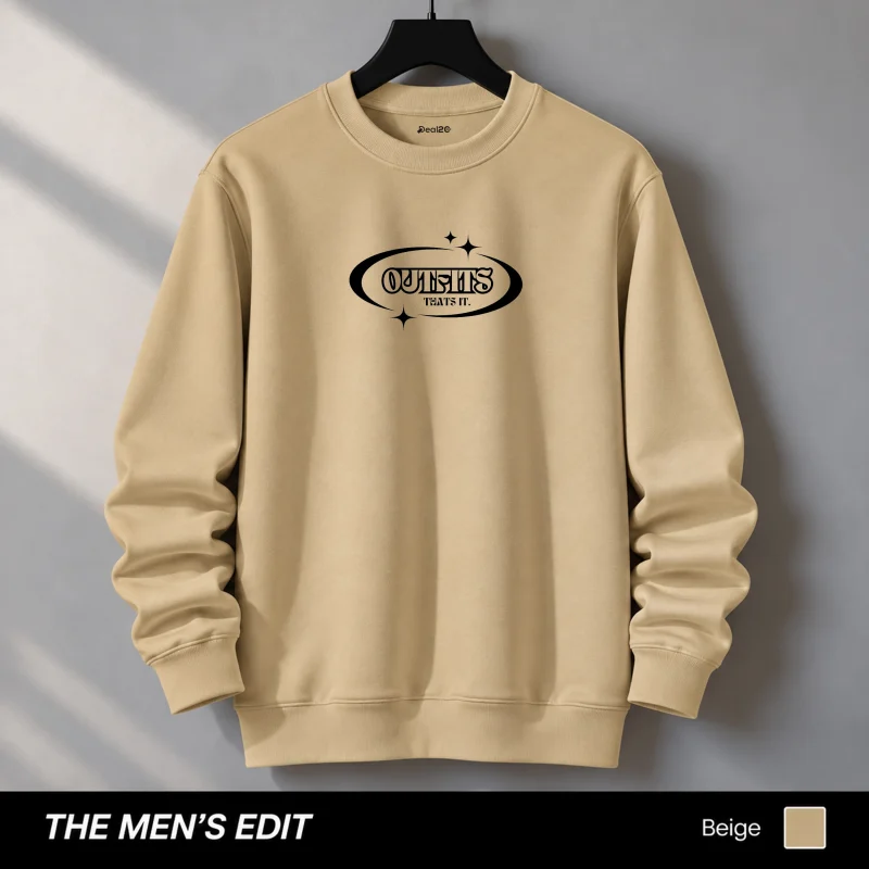 Benguiat Outfit Printed Cotton Fleece Beige Sweatshirt for Men