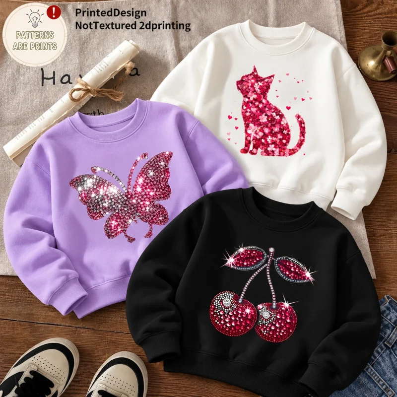 Pack of 3 Kitty & Cherry Printed Cotton Fleece Sweatshirts for Girls