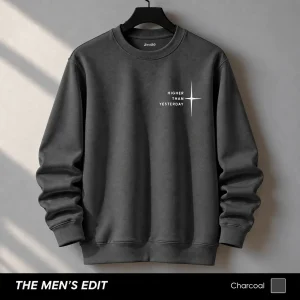 Plus Higher Printed Cotton Fleece Charcoal Sweatshirt for Men