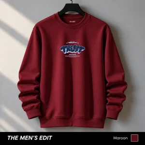 Trust No One Printed Cotton Fleece Maroon Sweatshirt for Men